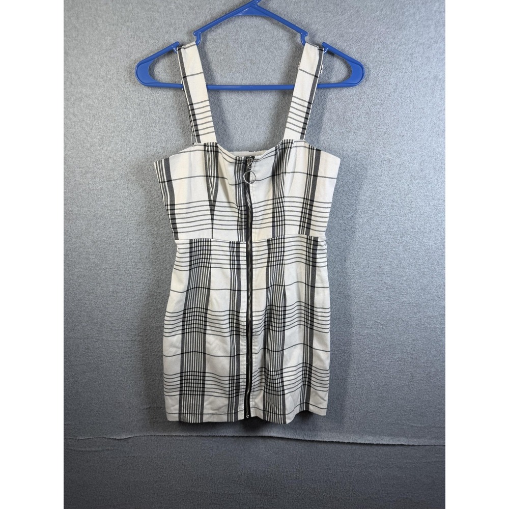 Forever 21 Dress Womens Small White Plaid Overall Mini Zip Front Lined Casual